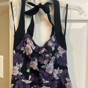 HELL BUNNY Fit & Flare Halter Swing Dress Mini Black Purple Rose Lace Size Small